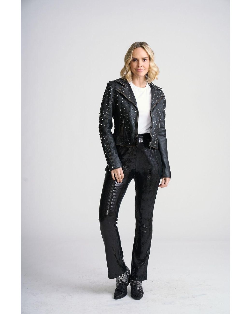 Mauritius Black Embellished Lambskin Leather Jacket Roxanne
