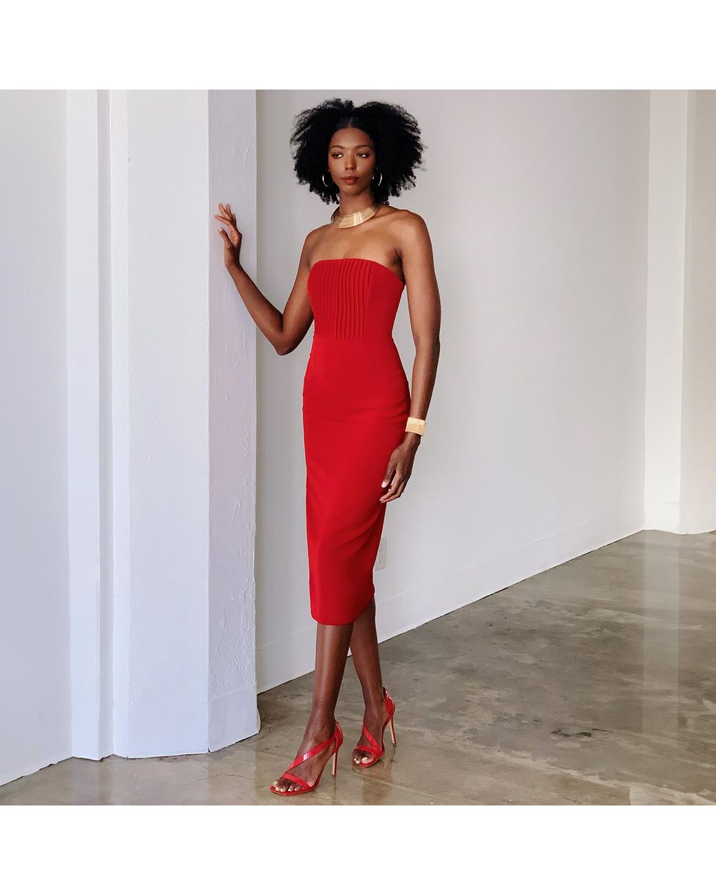Solgo Atelier Red Leiya Strapless Pintuck Corset Crepe Dress