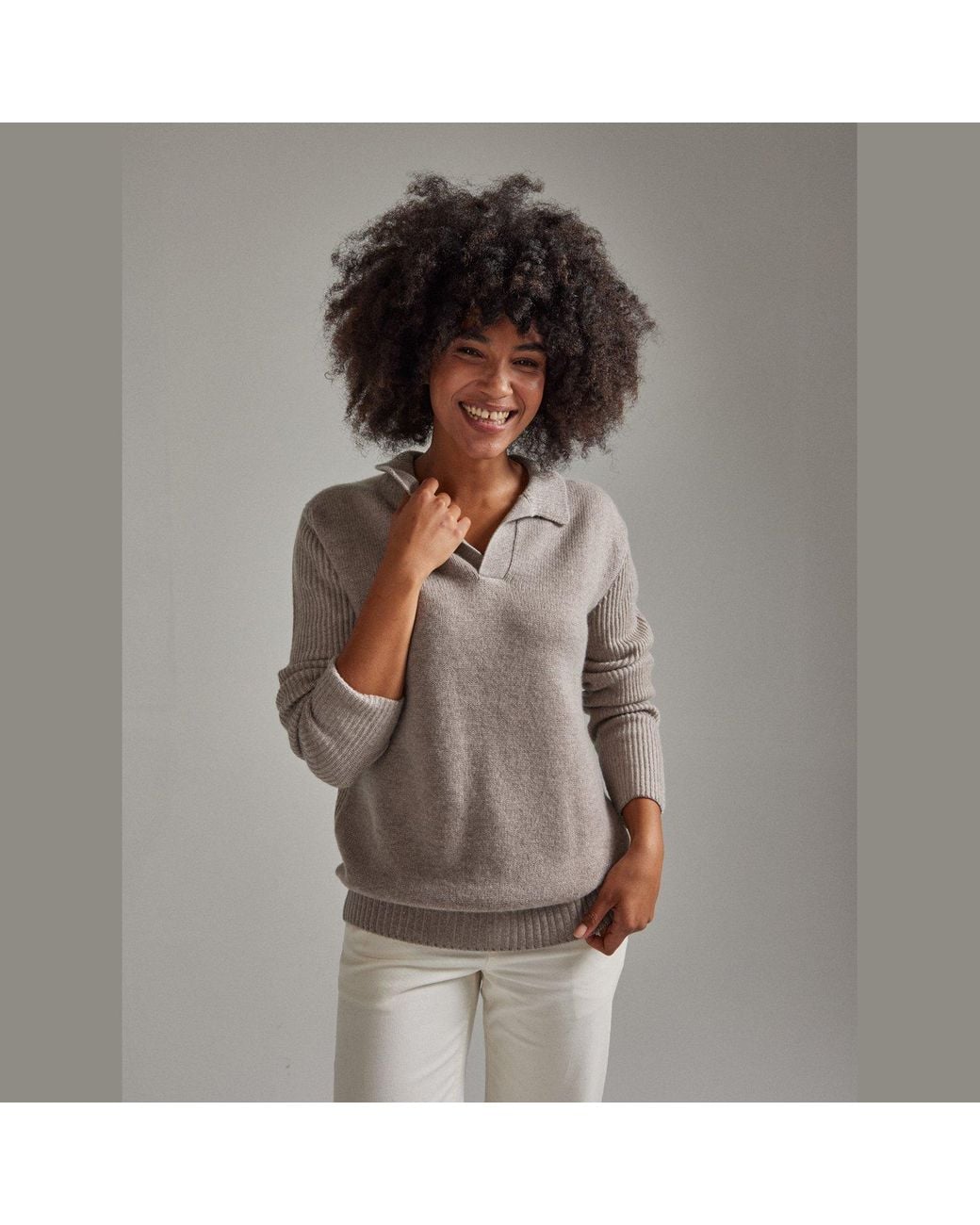 Salts Cashmere Gray Neutrals Polo Sweater With Fishermens Rib Detailing