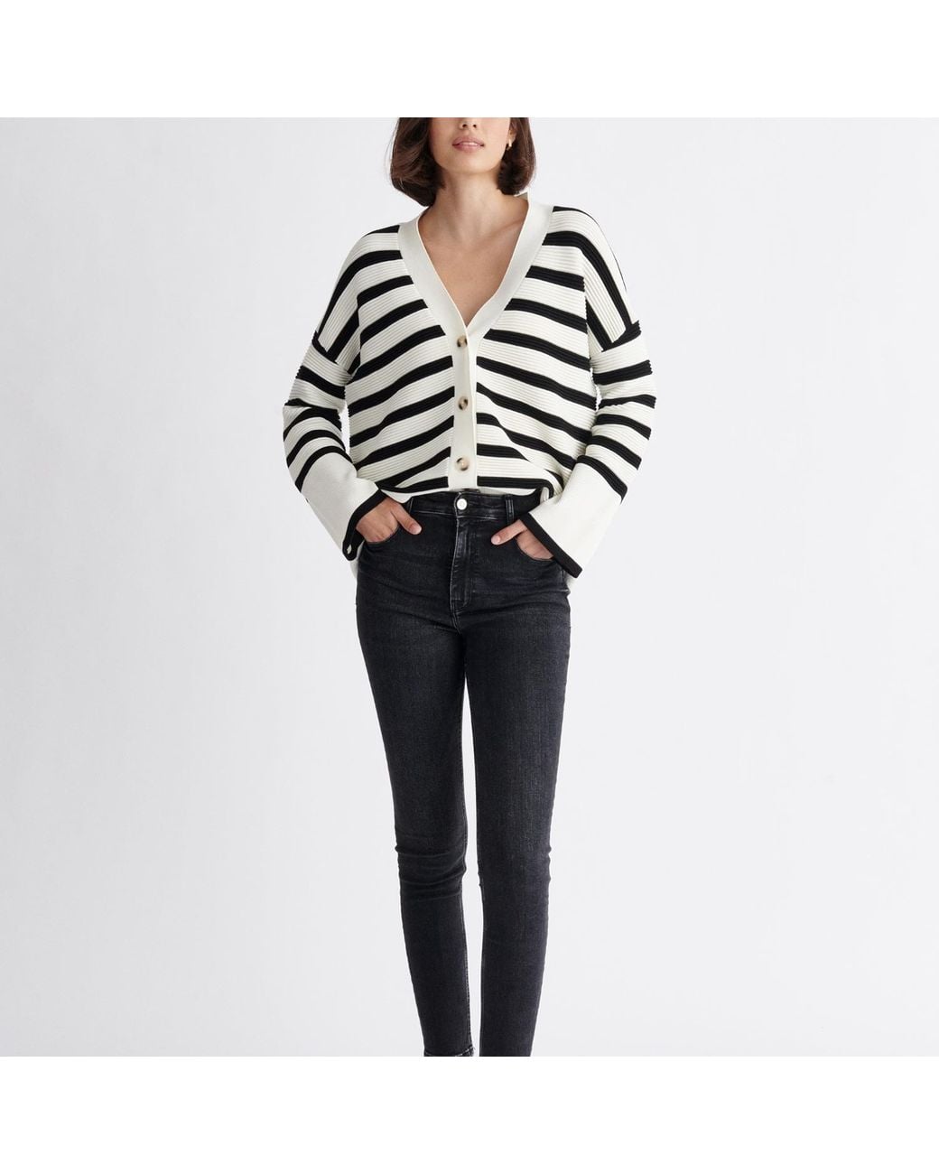 Paisie Blue Striped Ribbed Cardigan In White & Black