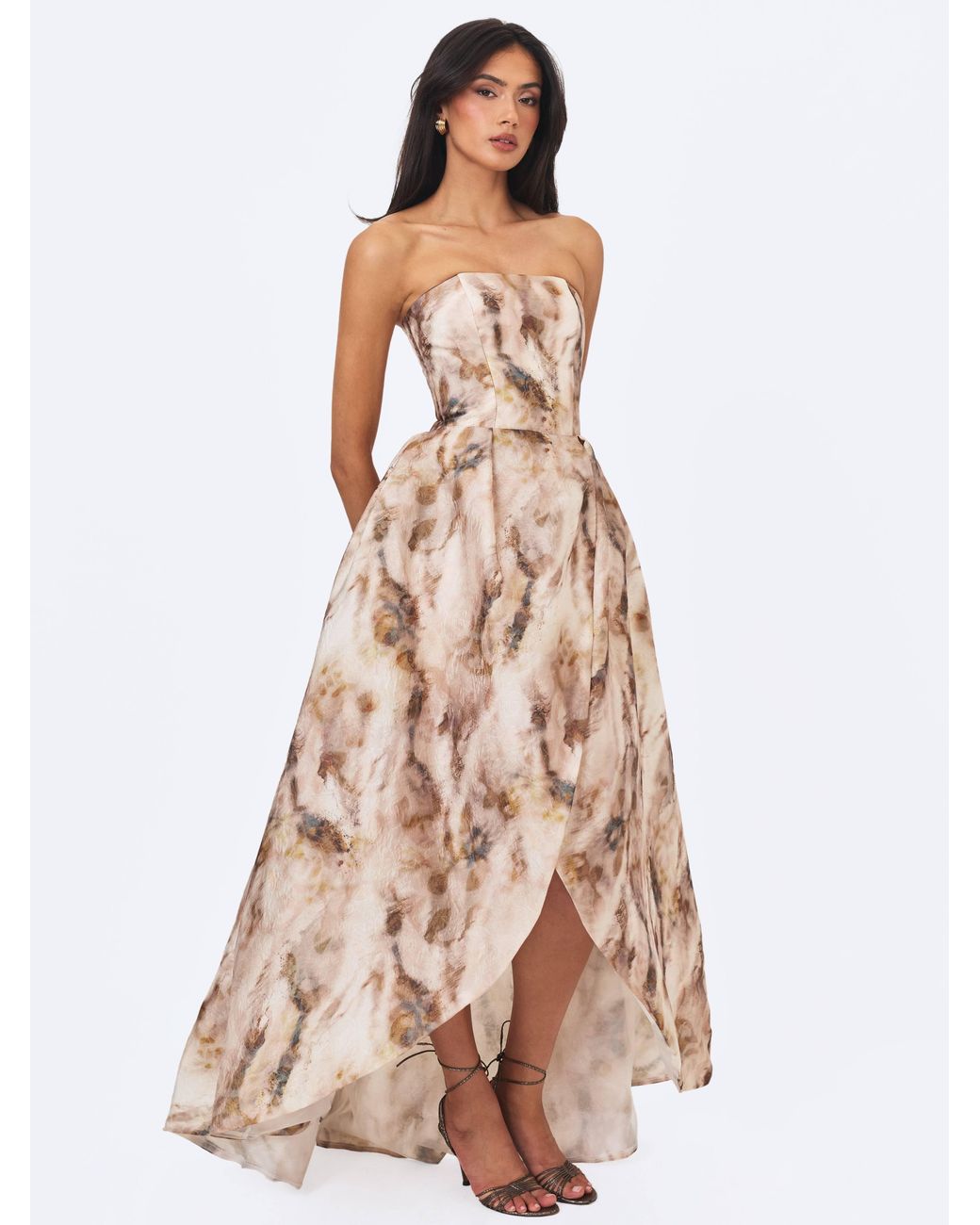 Miss Circle New York Natural Neutrals Micaela Camel Watercolor Jacquard Chiffon Dipped Hem Gown