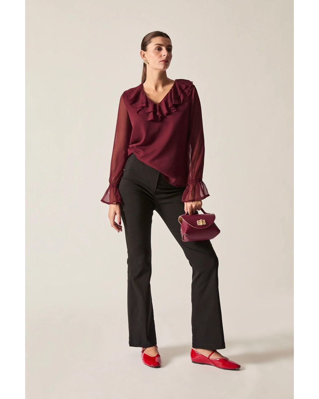 James Lakeland Red Burgundy Sheer-Sleeve Ruffle Blouse