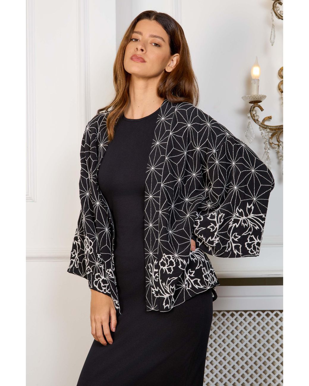 Artemis Muse Black Asanoha & Peony Embroidered & Ivory Fully Lined Short Kimono