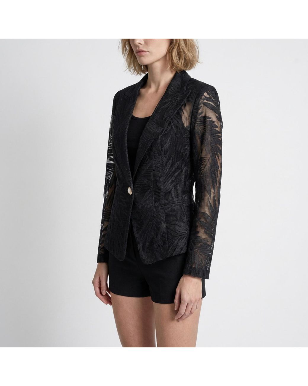 Modenaire Black Tailored Blazer With Sheer Lace Sleeves And Single Button Front