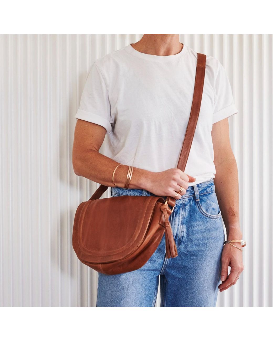 VIDA VIDA Brown Luxury Soft Leather Saddle Bag With Tassel Tan