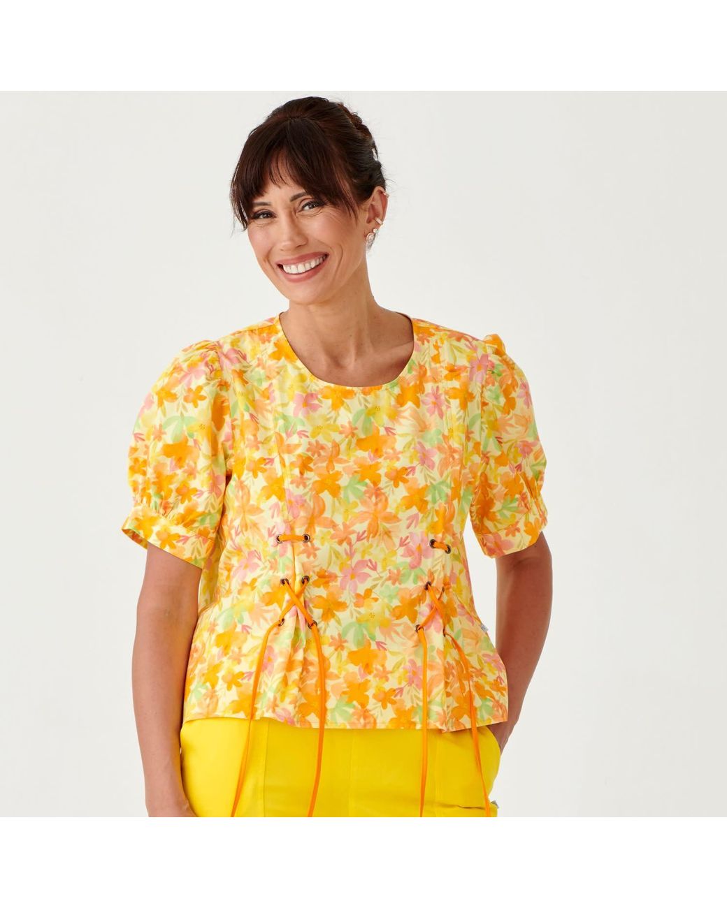 Perlavera Yellow Daniel Cotton Peach Strings Printed Puff Sleeve Shirt With Eyelets