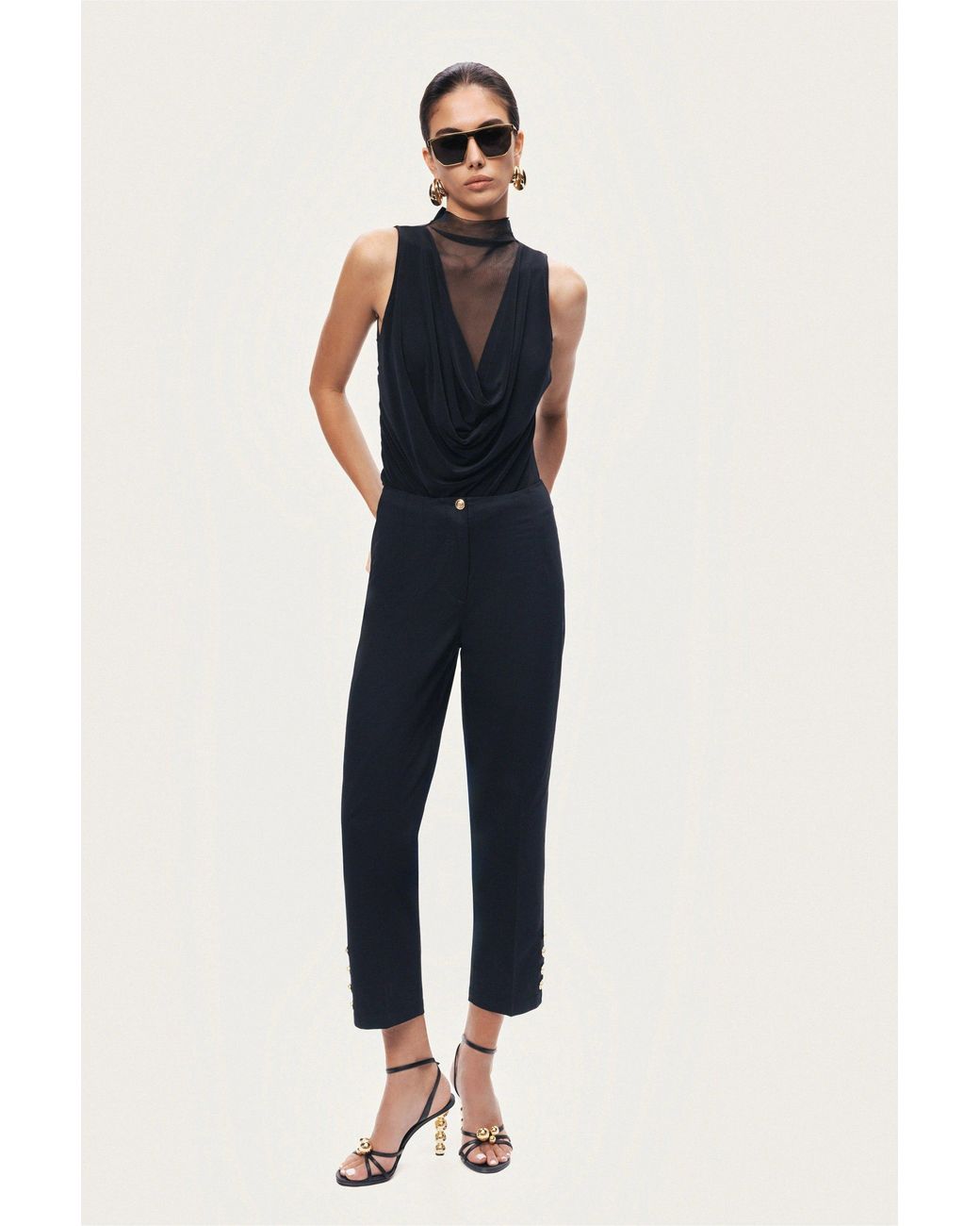 Nocturne Black Draped Mesh-Panel Bodysuit