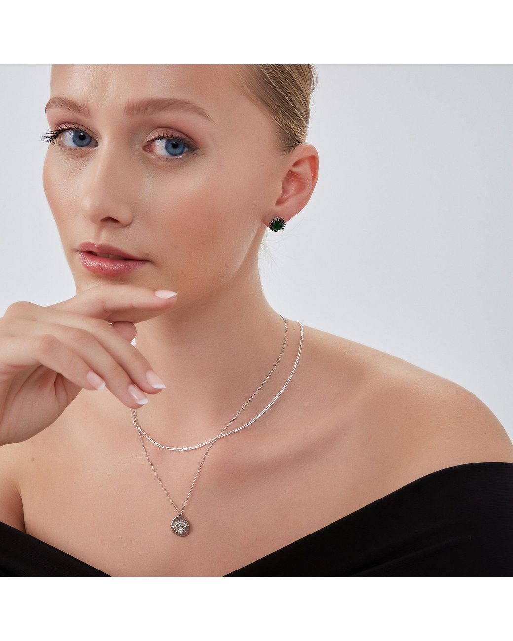 Spero London Metallic Eye Coin & Rectangular Chain Sterling Evil Eye Necklace Set
