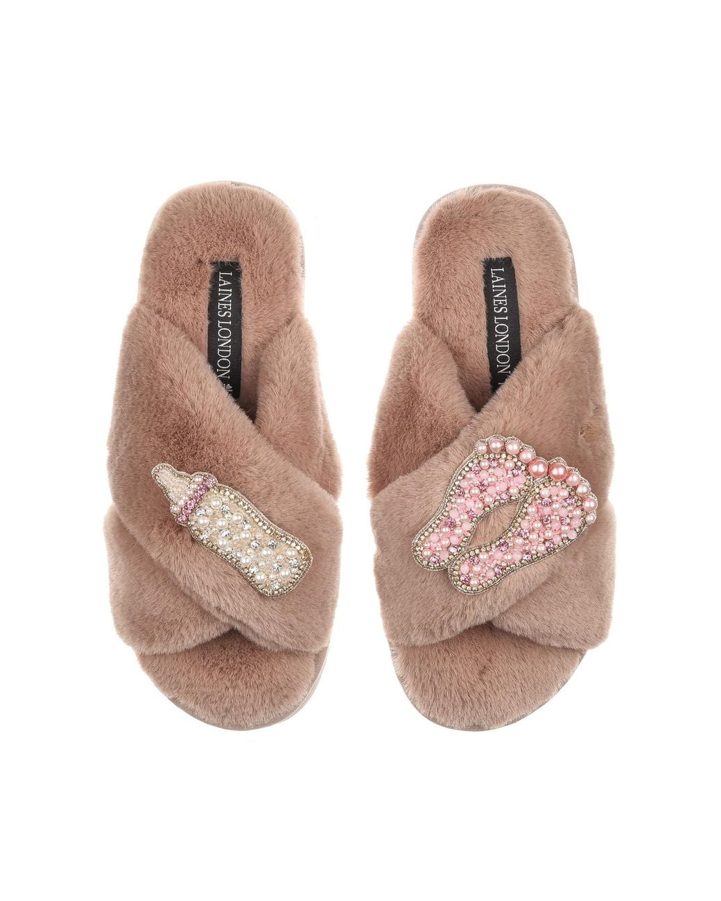 Laines London Natural Classic Laines Slippers With New Baby Girl Brooches