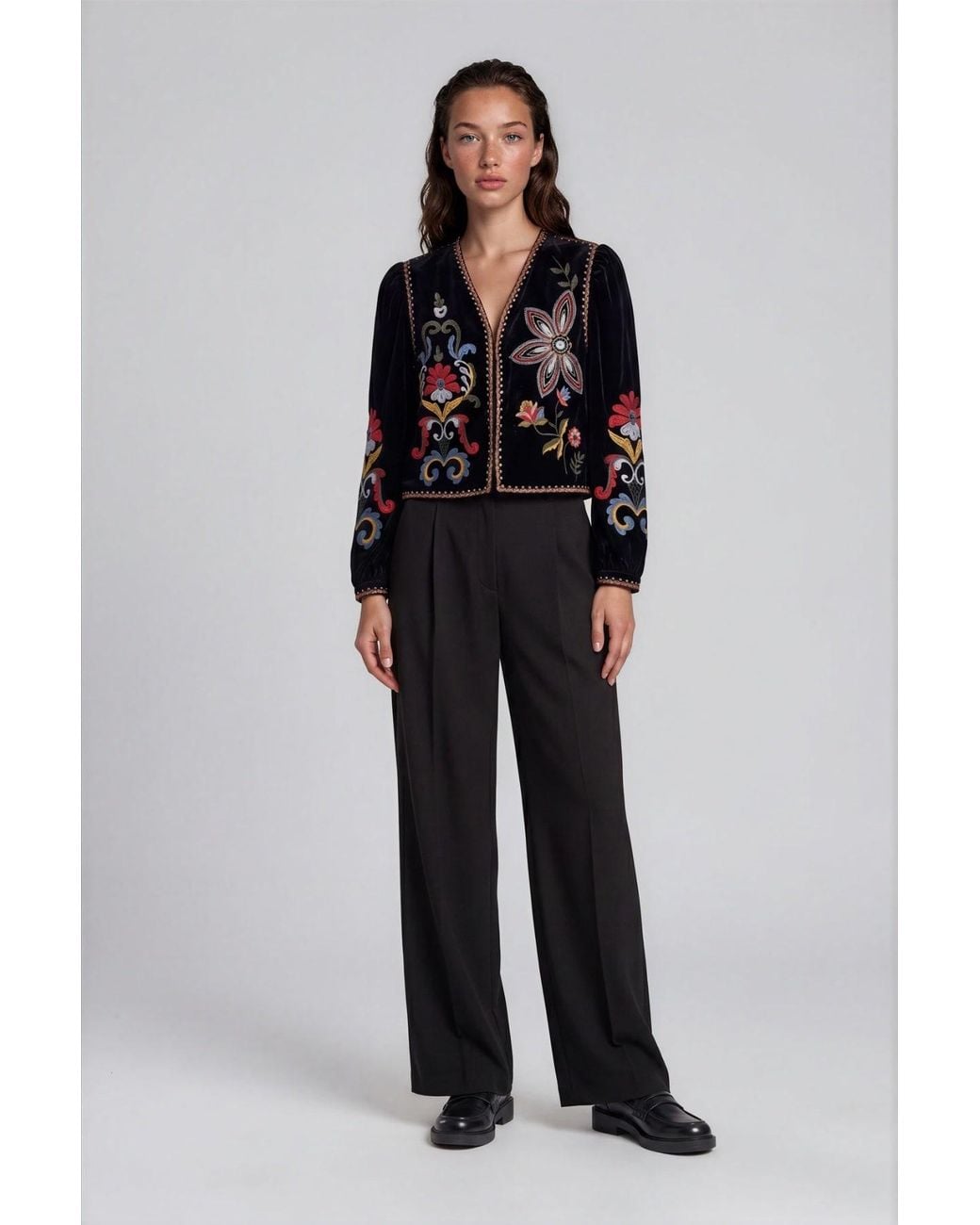 Traffic People Black Folklore Velvet Floral Embroidered Blazer Jacket