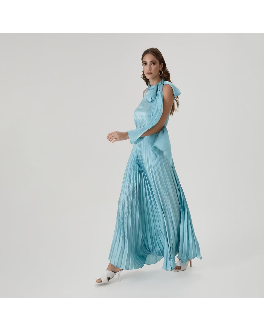 Lita Couture Blue Pleated Dress With Tie Shoulder Detail