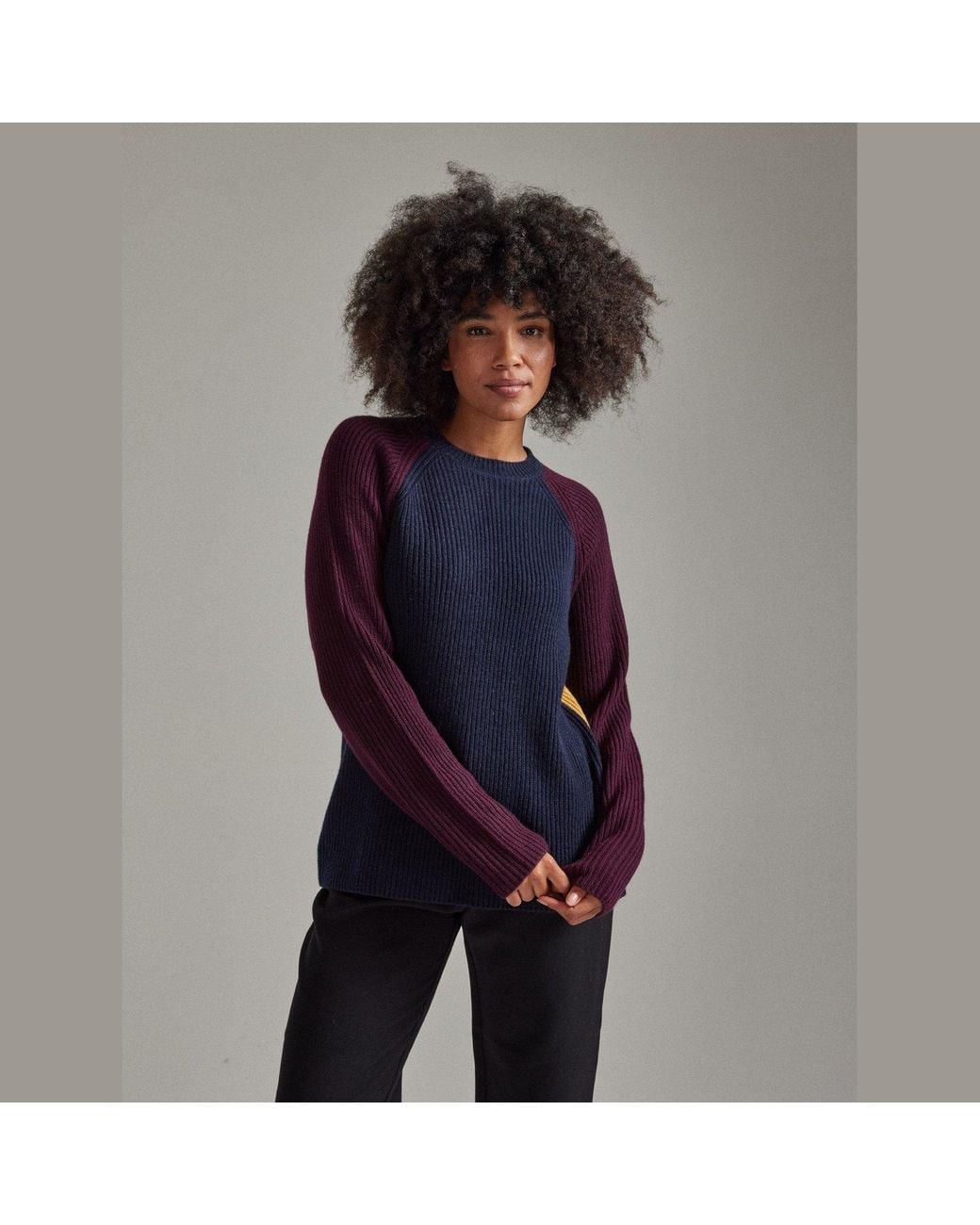 Salts Cashmere Blue Colour Block Fishermens Rib Crew Neck Sweater