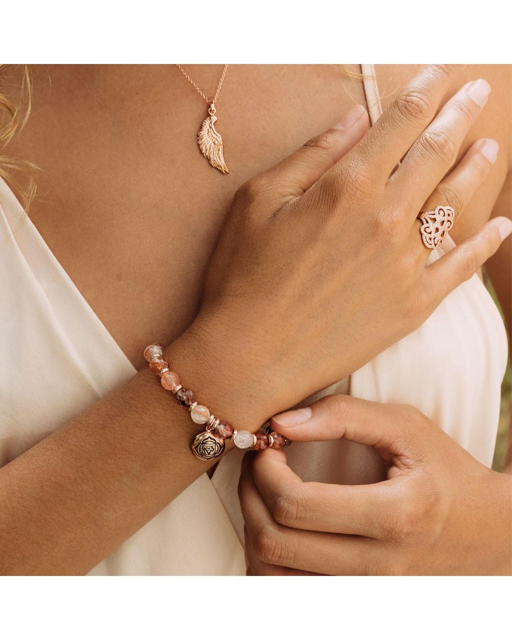 Seven Saints White Rose Root Chakra Activation Bracelet, Fire Quartz, Rose