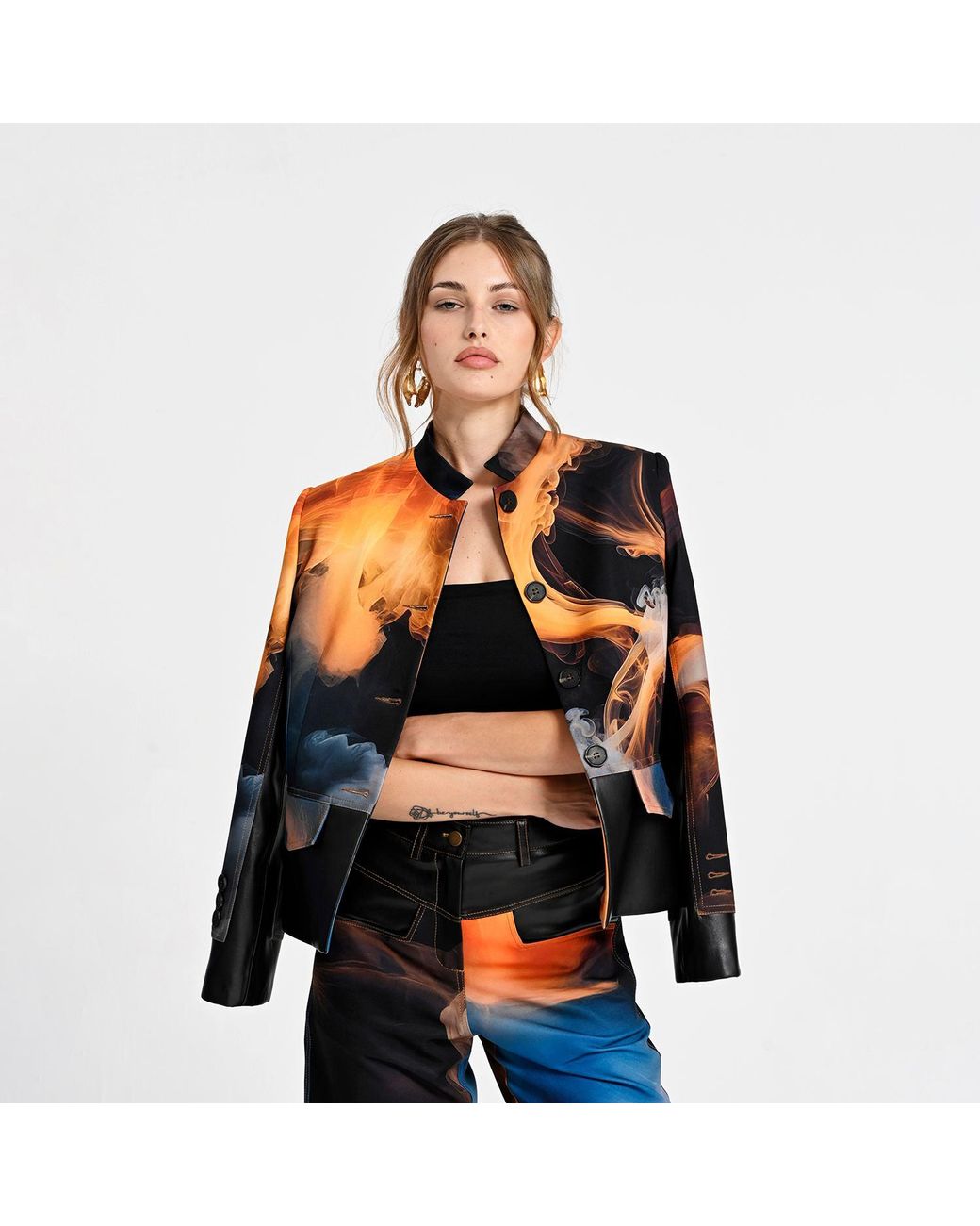 Lalipop Design Blue Cropped Jacket With Vegan Leather Trim And Digital Flame Print