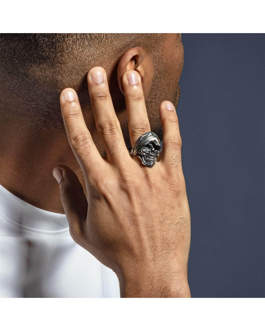 German Kabirski Blue Requiem Handcrafted Sterling Skull Ring With Dark Aesthetic for men