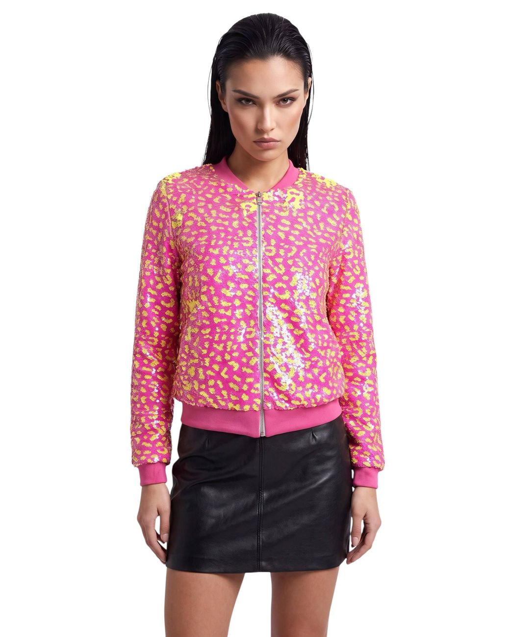 Any Old Iron Pink Neon & Sequin Cheetah Bomber Jacket
