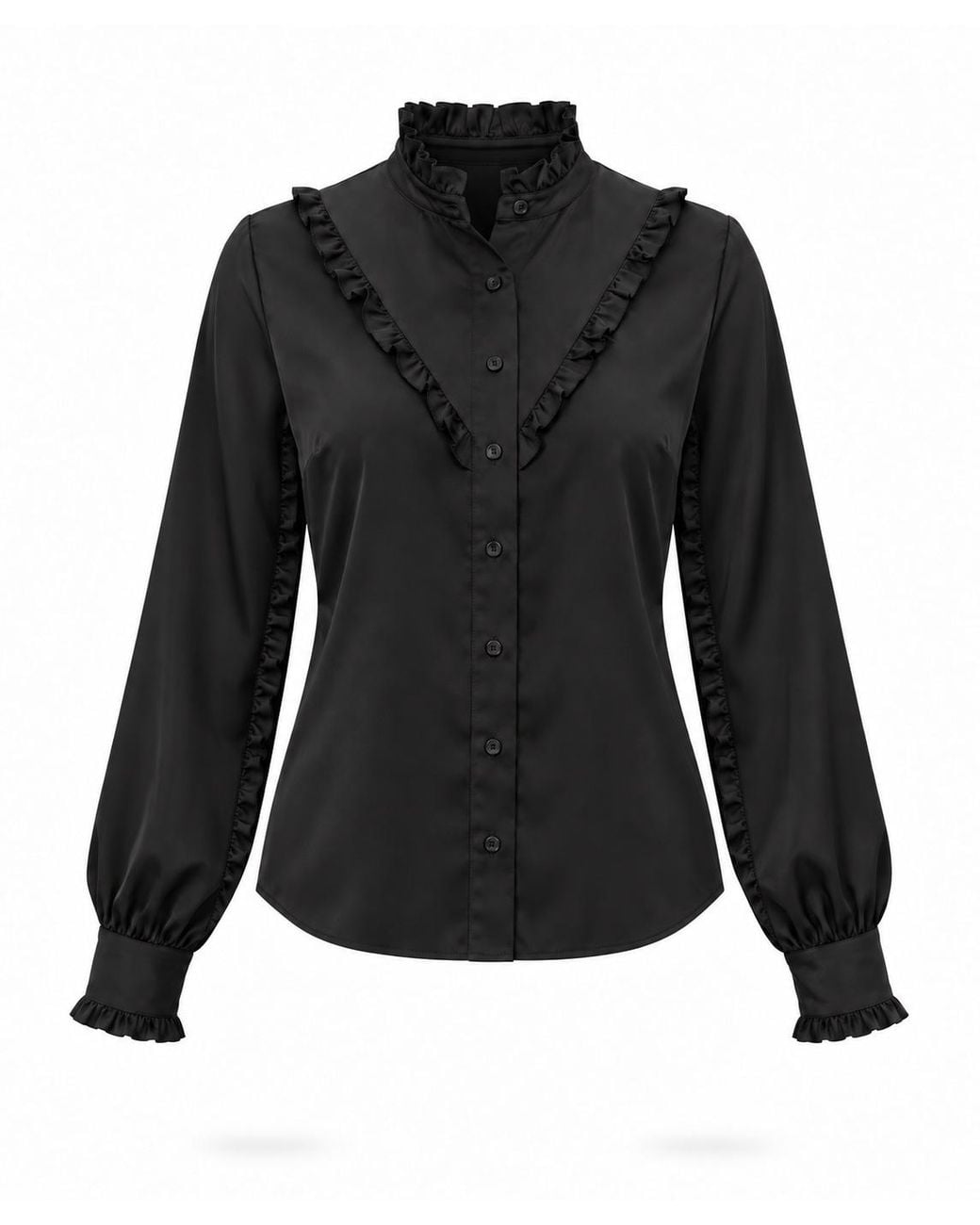 Carloslines Black Ruffle Stand Collar Long Sleeve Shirt