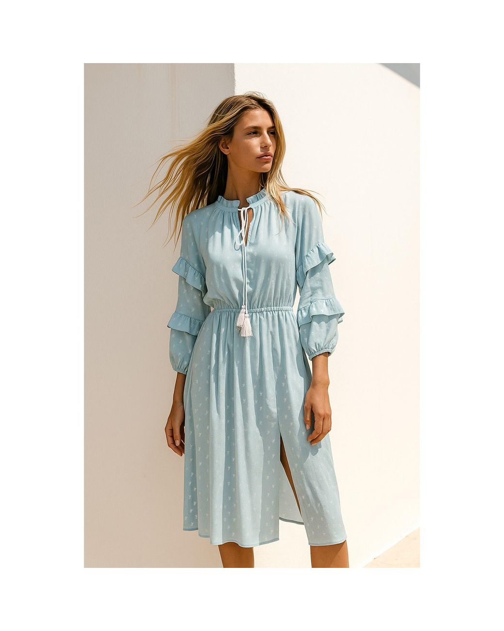 2KStyle Blue Alexa Ruffled Floral Print Viscose Midi Dress With Tassels