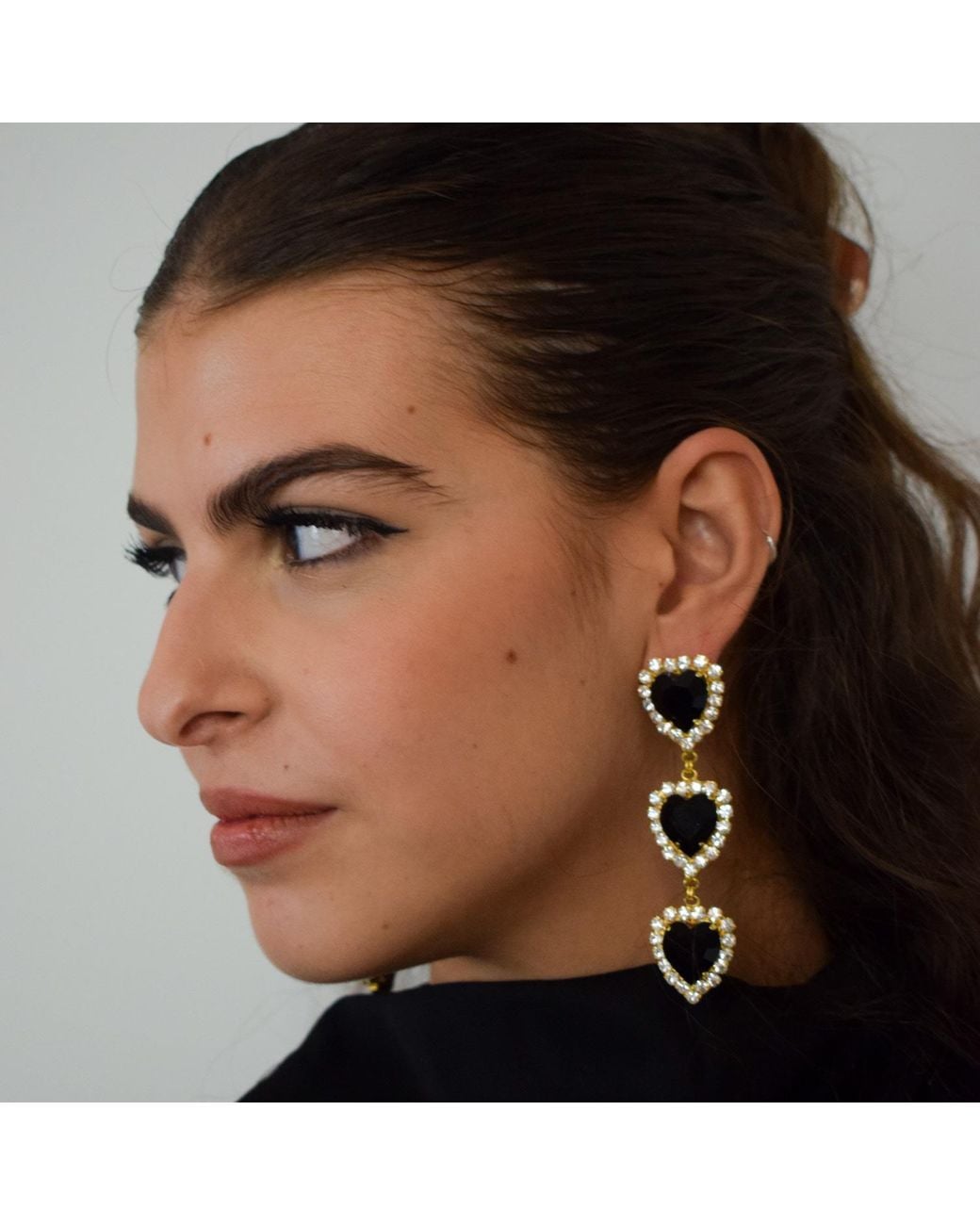 Achala Handcrafted Black Via Dell' Amore Crystal Long Heart Earrings