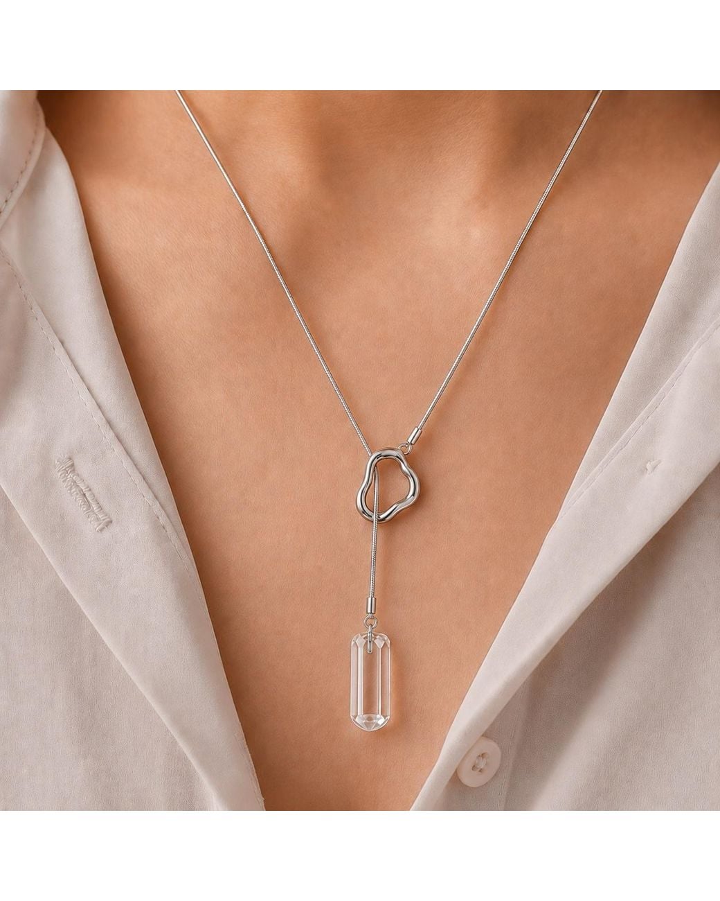 Ormiro Metallic Aether Clear Quartz Crystal And Titanium Steel Lariat Necklace