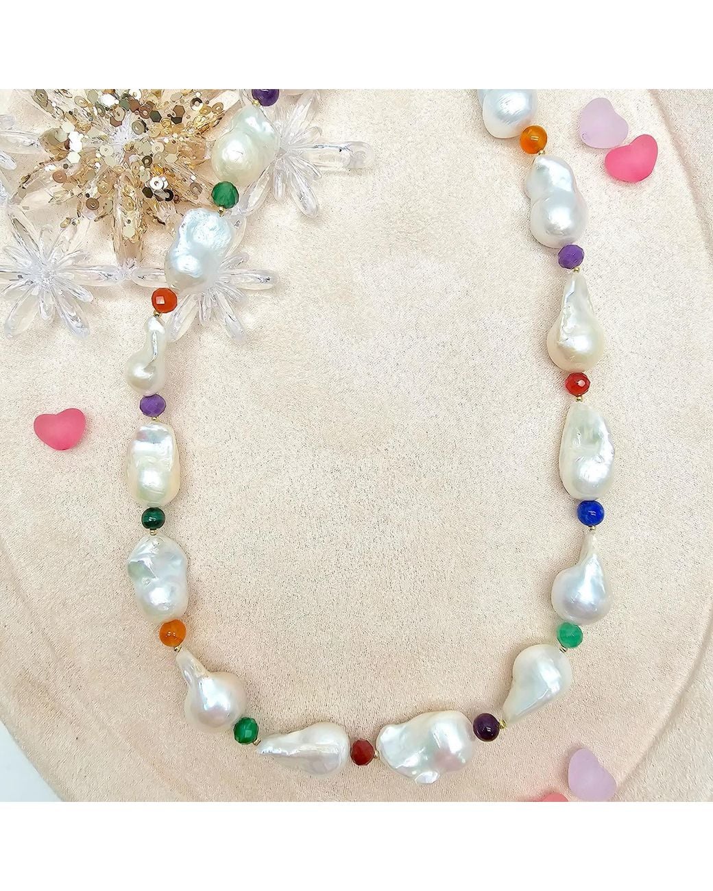 Farra Metallic Baroque Pearls With Colorful Gemstone Necklace