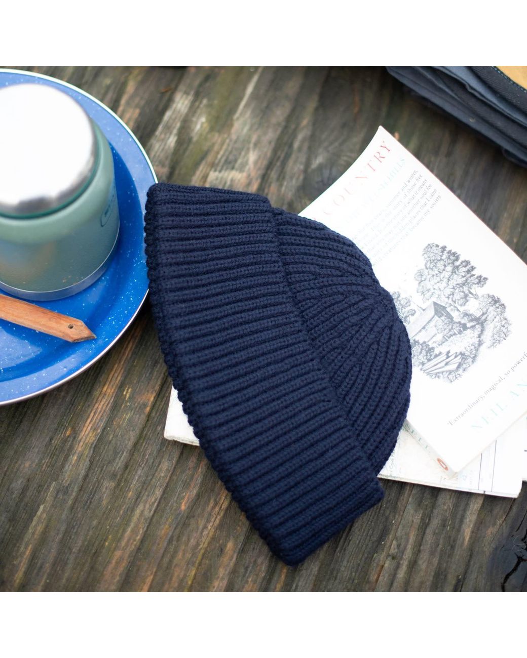 Paul James Knitwear Blue Heavyweight Extra Fine Merino Caster Fisherman Beanie for men