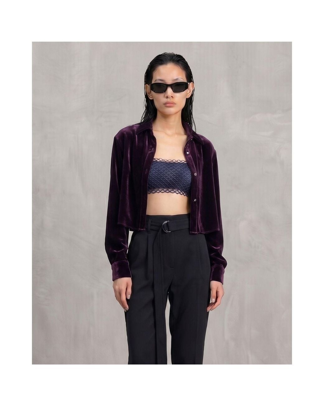 Monzlapur New York Blue Silk Velvet Cropped Shirt