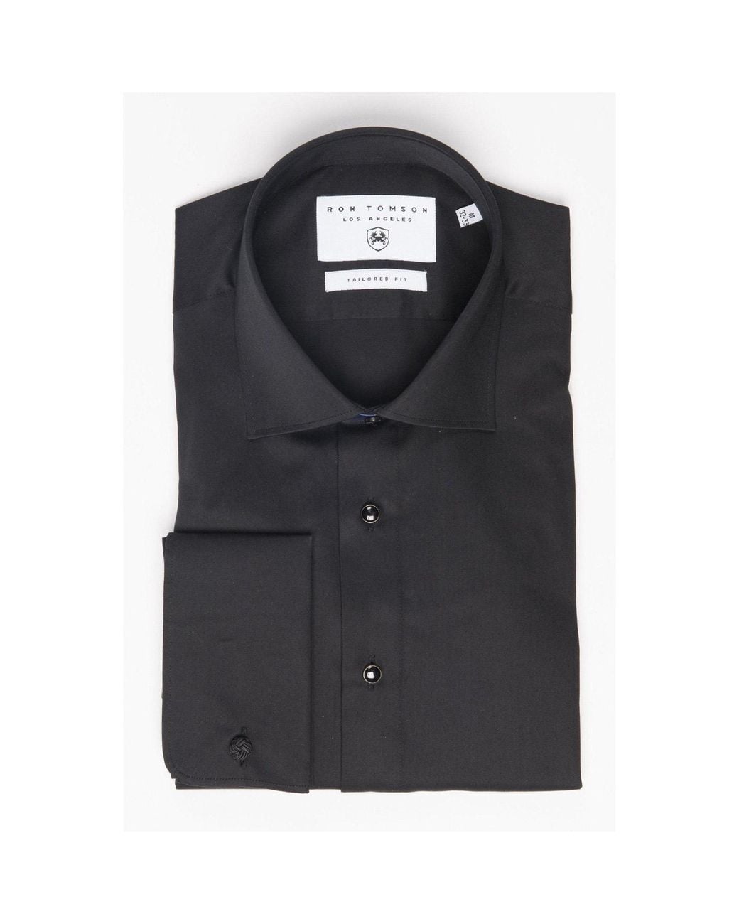 Ron Tomson Black Pure Cotton Classic Collar Stud Button French Cuff Tuxedo Shirt for men