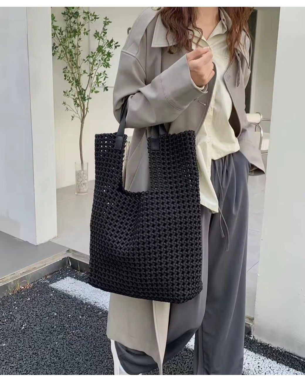 Prenelove Black Eston Woven Hand-Knotted Tote