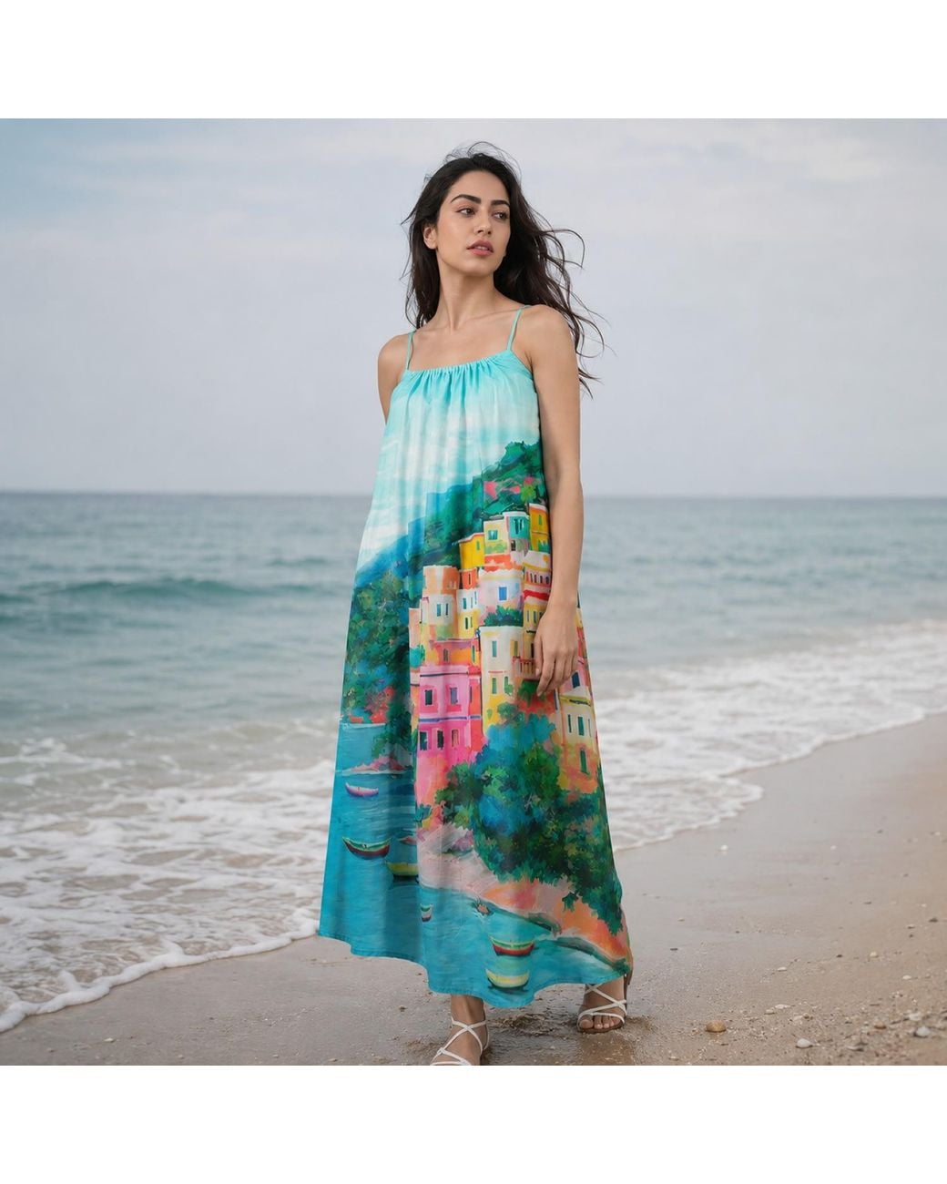DHARA SHETH DUBAI Blue La Dolce Riviera Mediterranean Print Cotton Maxi Dress With Pockets