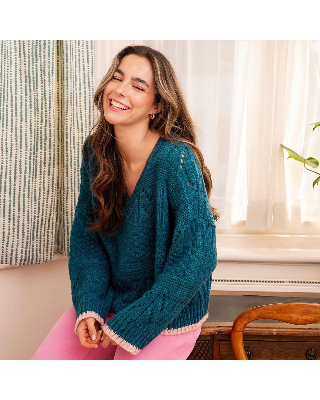 Cara & The Sky Blue Zoe Pointelle V Neck Wide Sleeve Jumper