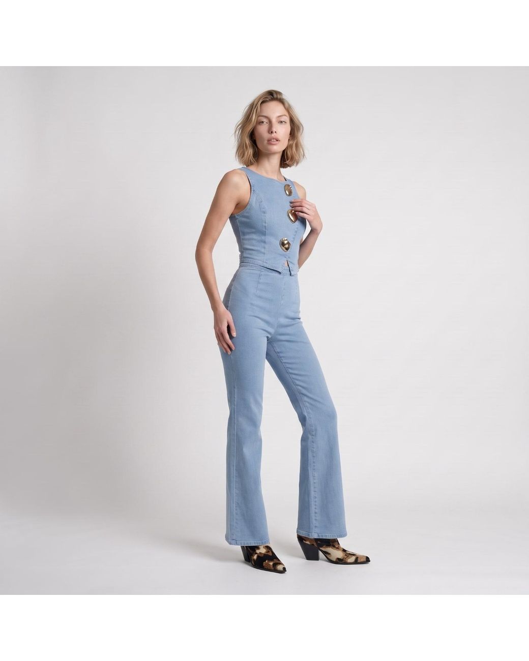 Modenaire Blue Tailored Denim Vest And Wide Leg Trouser Set