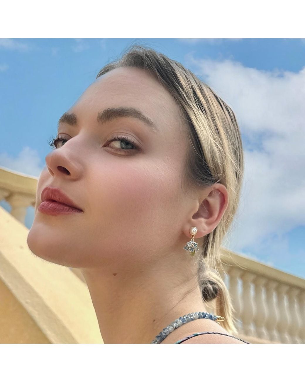 Farra Blue Flower Dangle With Pearls Stud Earrings