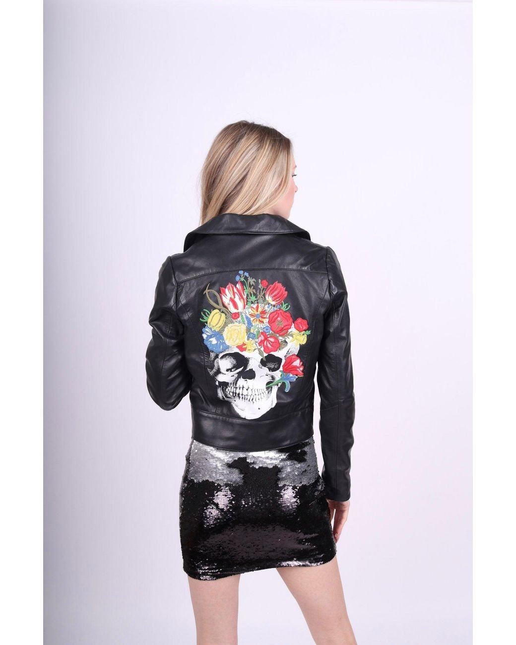 Any Old Iron Black Embroidered Flower Skull Leather Moto Jacket