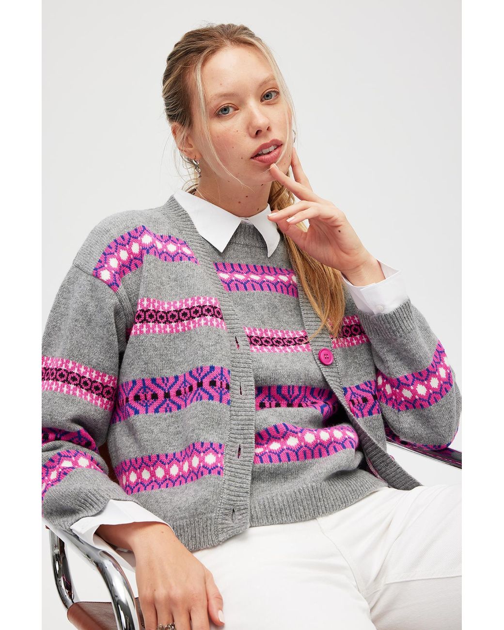 Peraluna Pink Sephora Jacquard Knit Cardigan