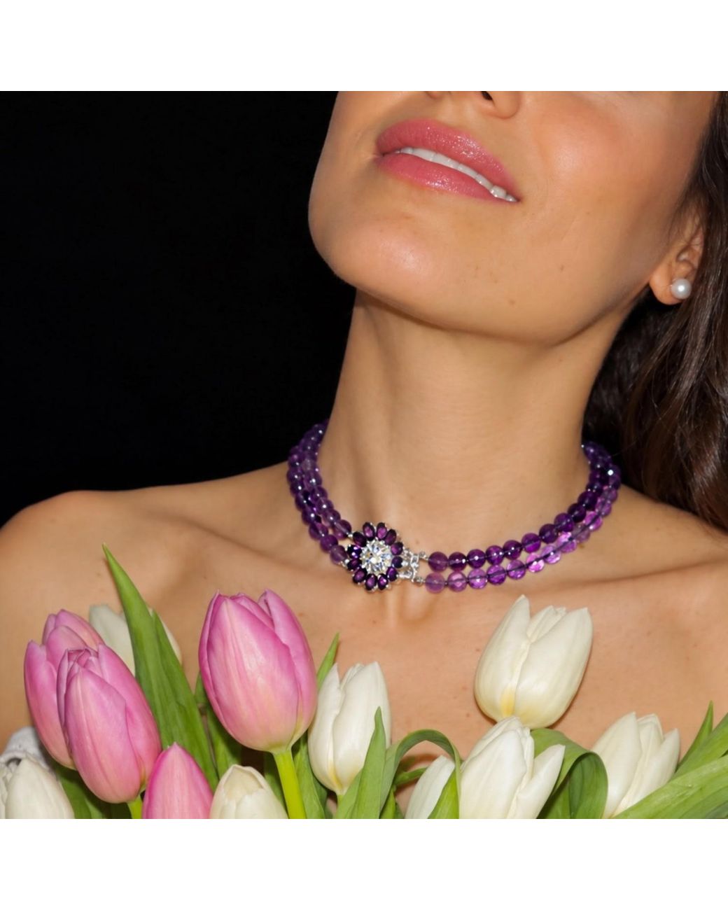Mineralgems•Studio Purple Two-Strand Amethyst Choker With Floral Clasp