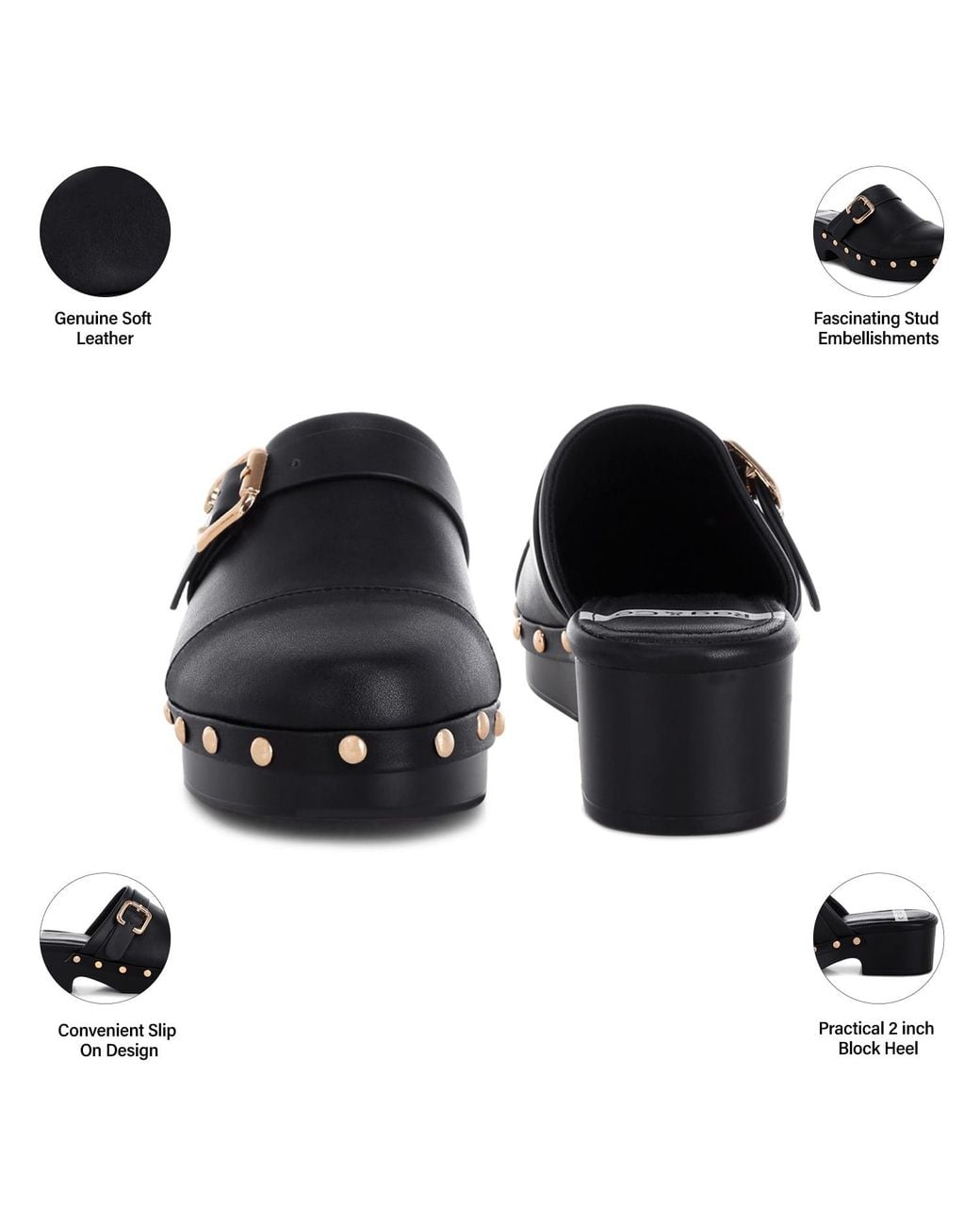 Rag & Co Black Pinto Studded Genuine Leather Clogs