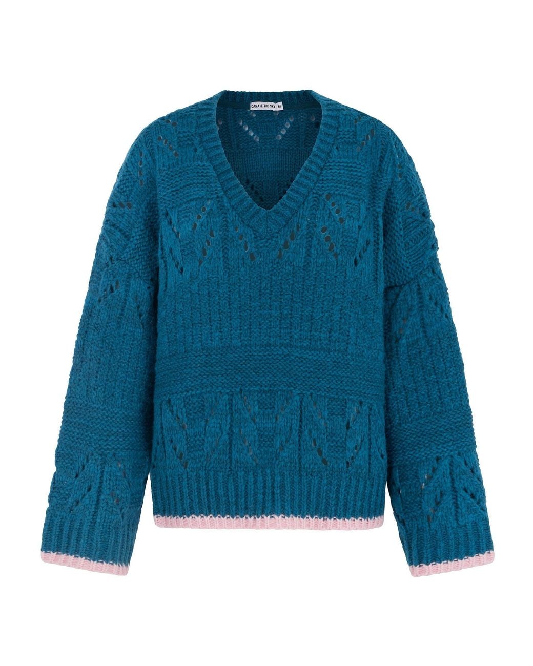 Cara & The Sky Blue Zoe Pointelle V Neck Wide Sleeve Jumper