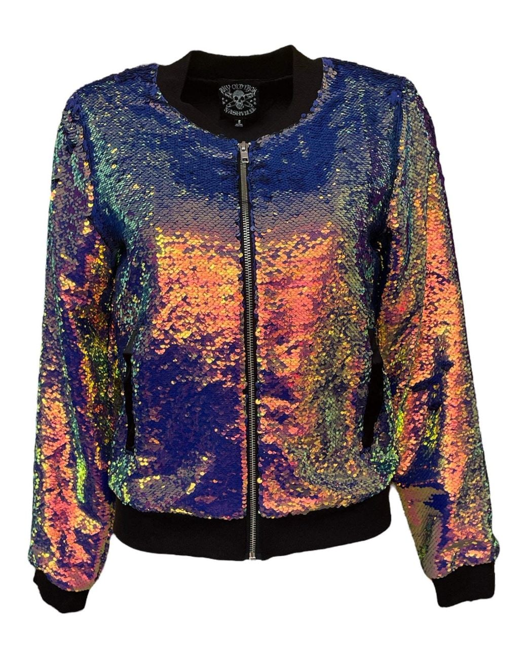 Any Old Iron Blue Oil Slick Sequin Bomber Jacket