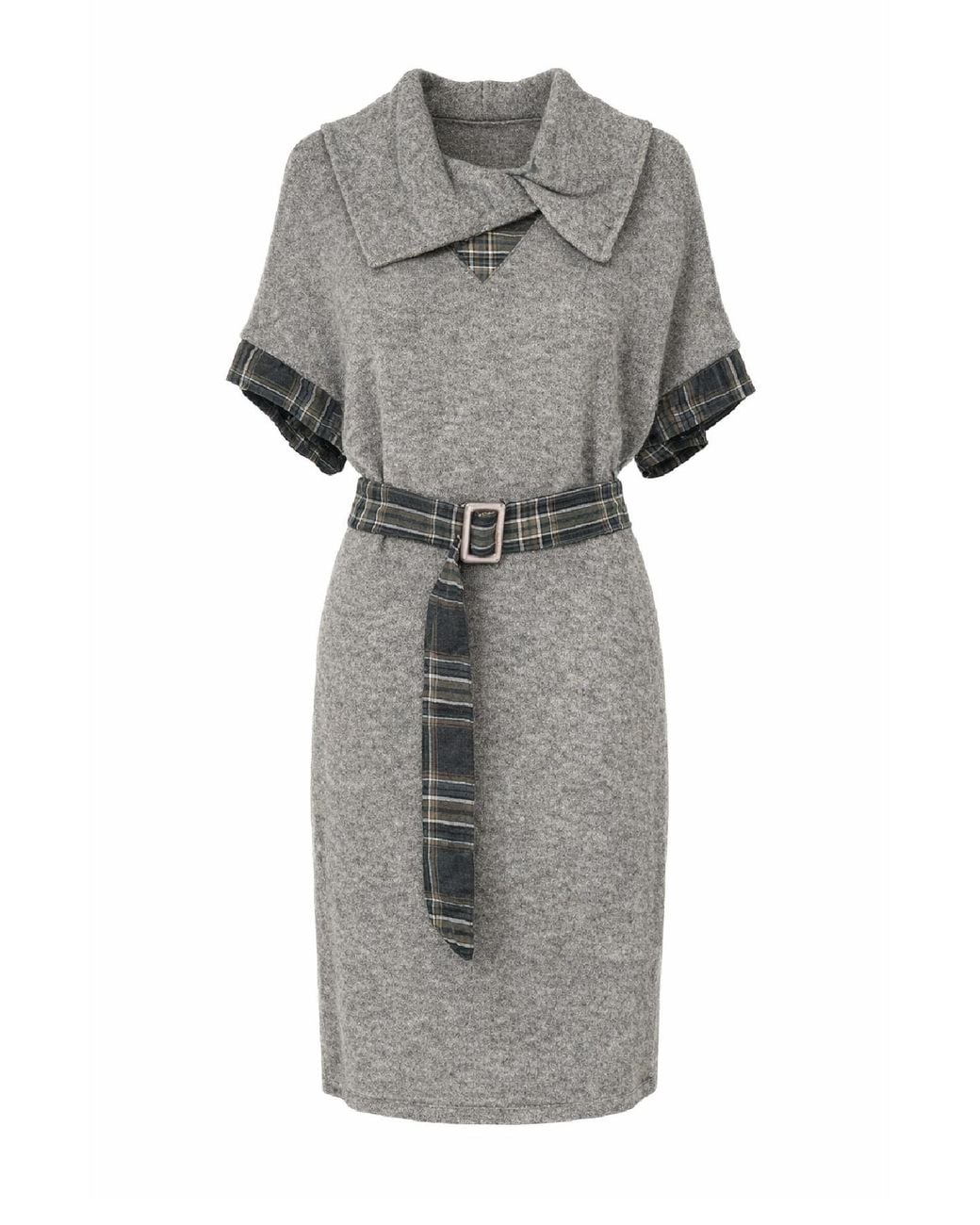 Conquista Gray Belted Knit Dress With Plaid Accents & Soft Collar