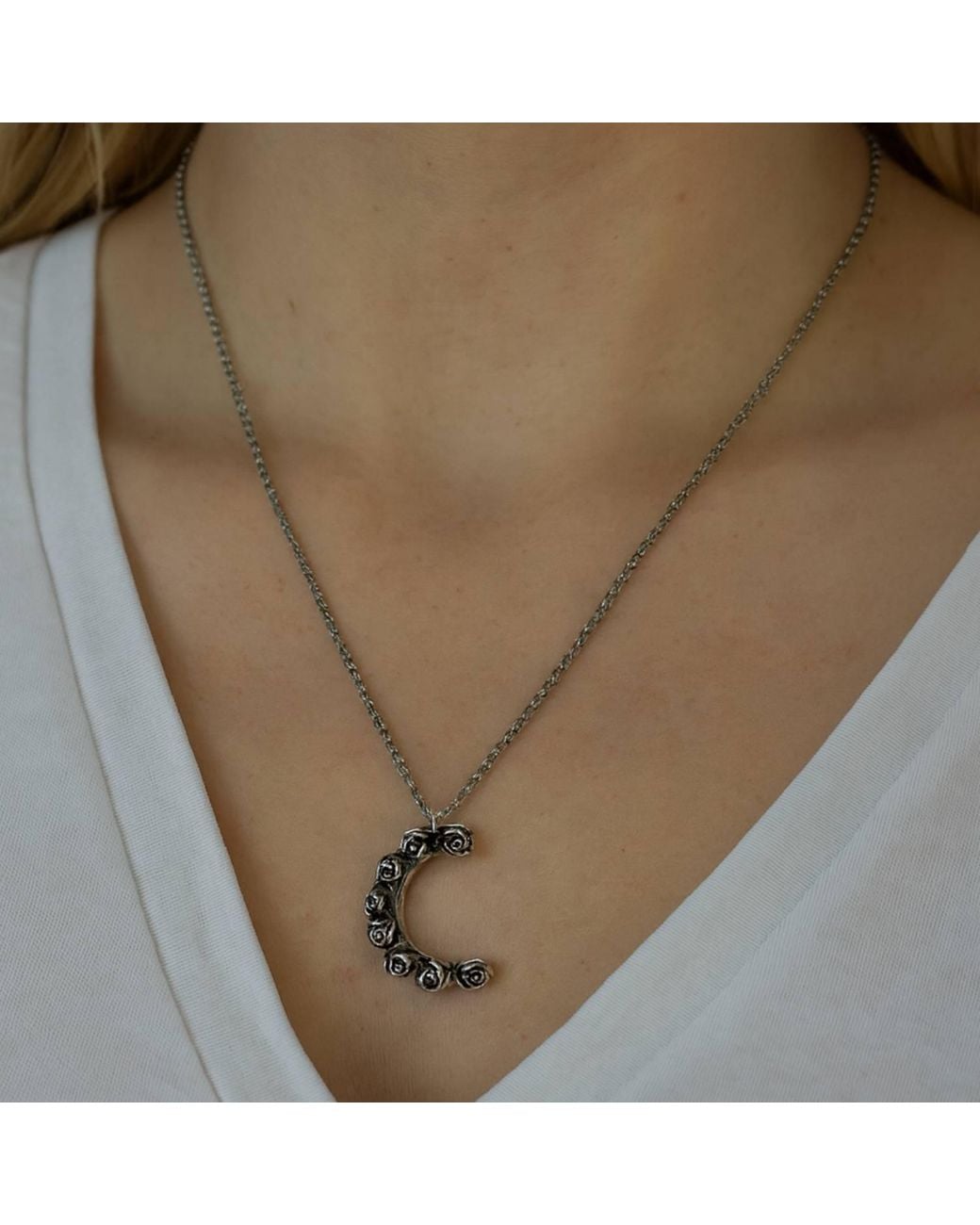 Unaloe Metallic Sterling Crescent Moon Necklace – Rose Bud Half Moon Pendant, Handmade Italian Celestial Jewelry For