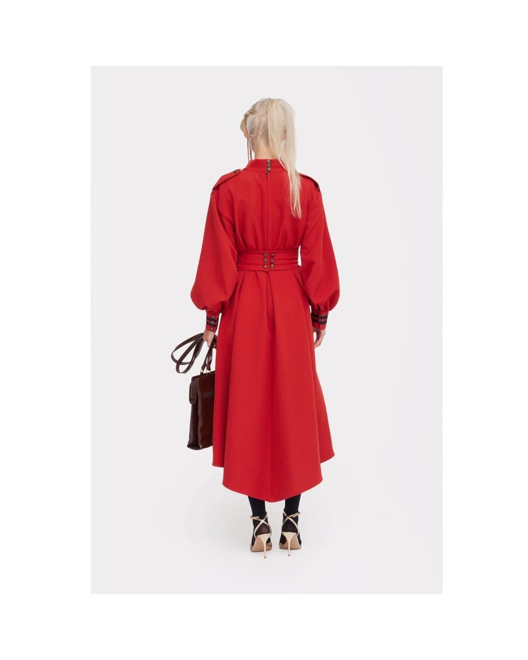 Julia Allert Red Double-Collar Belted A-Line Midi Dress –