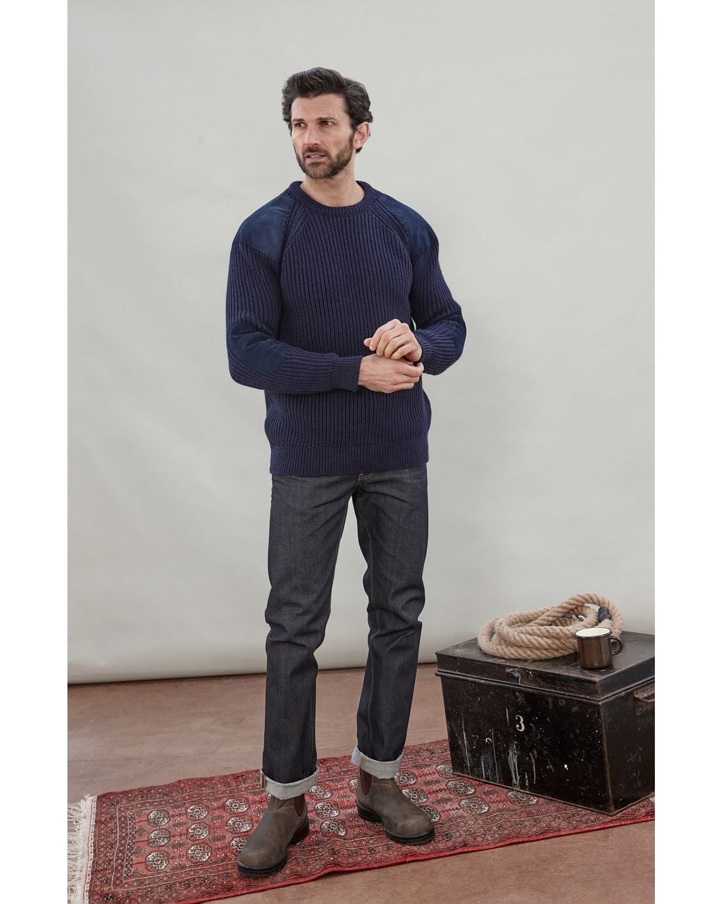 Paul James Knitwear Blue Chunky British Wool Hardy Ribbed Shooting Jumper for men