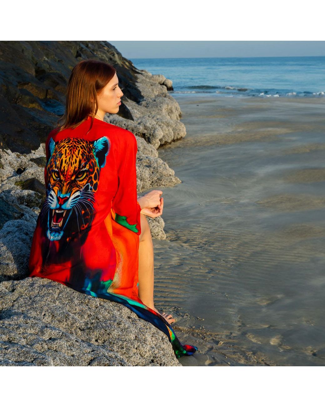 DHARA SHETH DUBAI Red Roar Tiger Animal Print Abstract Long Kimono