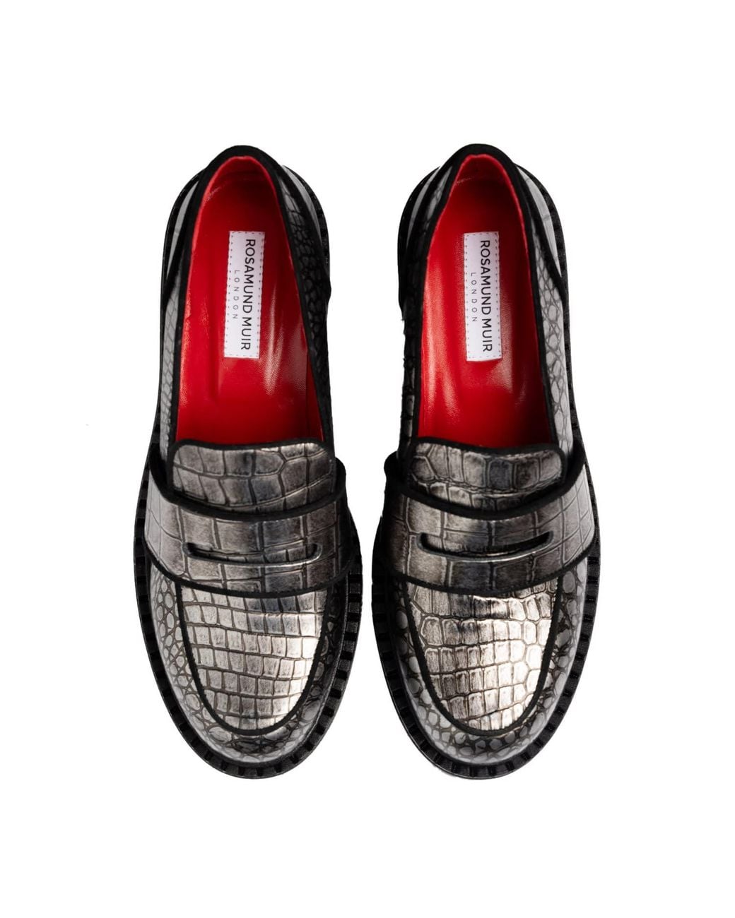 Rosamund Muir London Black Stratford Pewter Metallic Crocodile Print Loafers