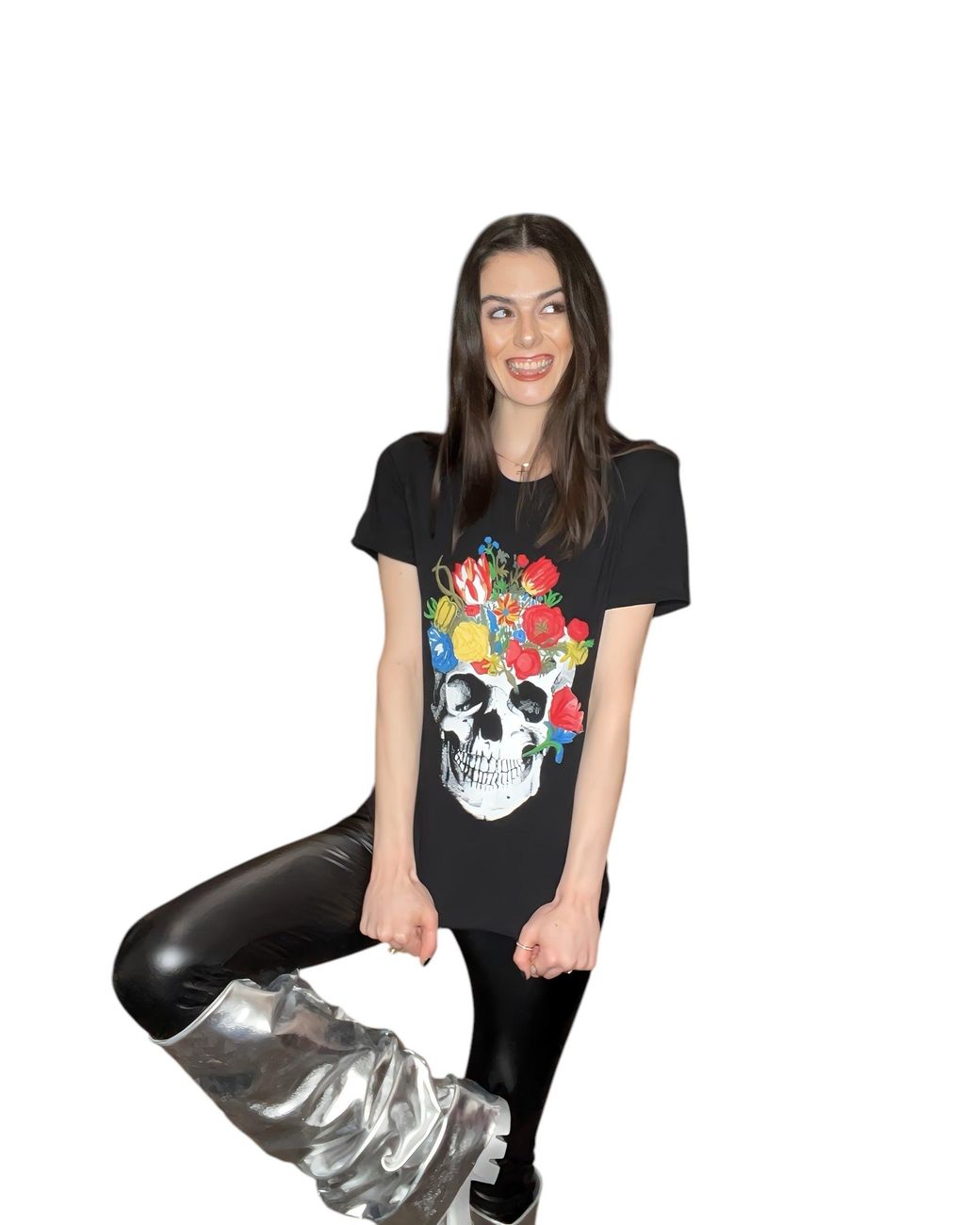 Any Old Iron Black Skull Bouquet Embroidered T-Shirt