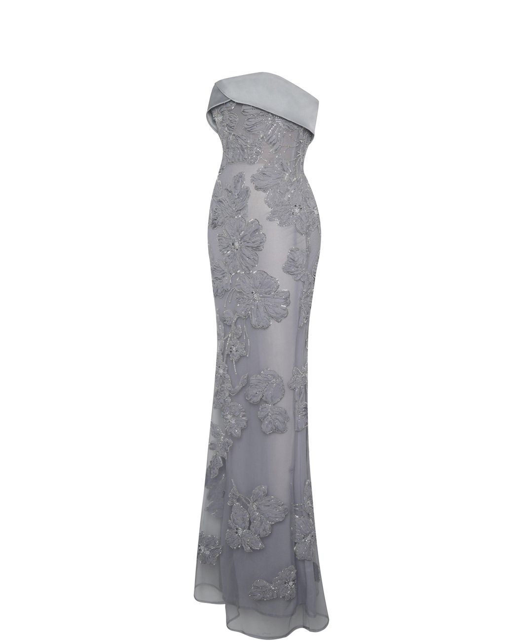 Miss Circle New York Gray Raphaela Beaded Floral Strapless Mermaid Maxi Dress