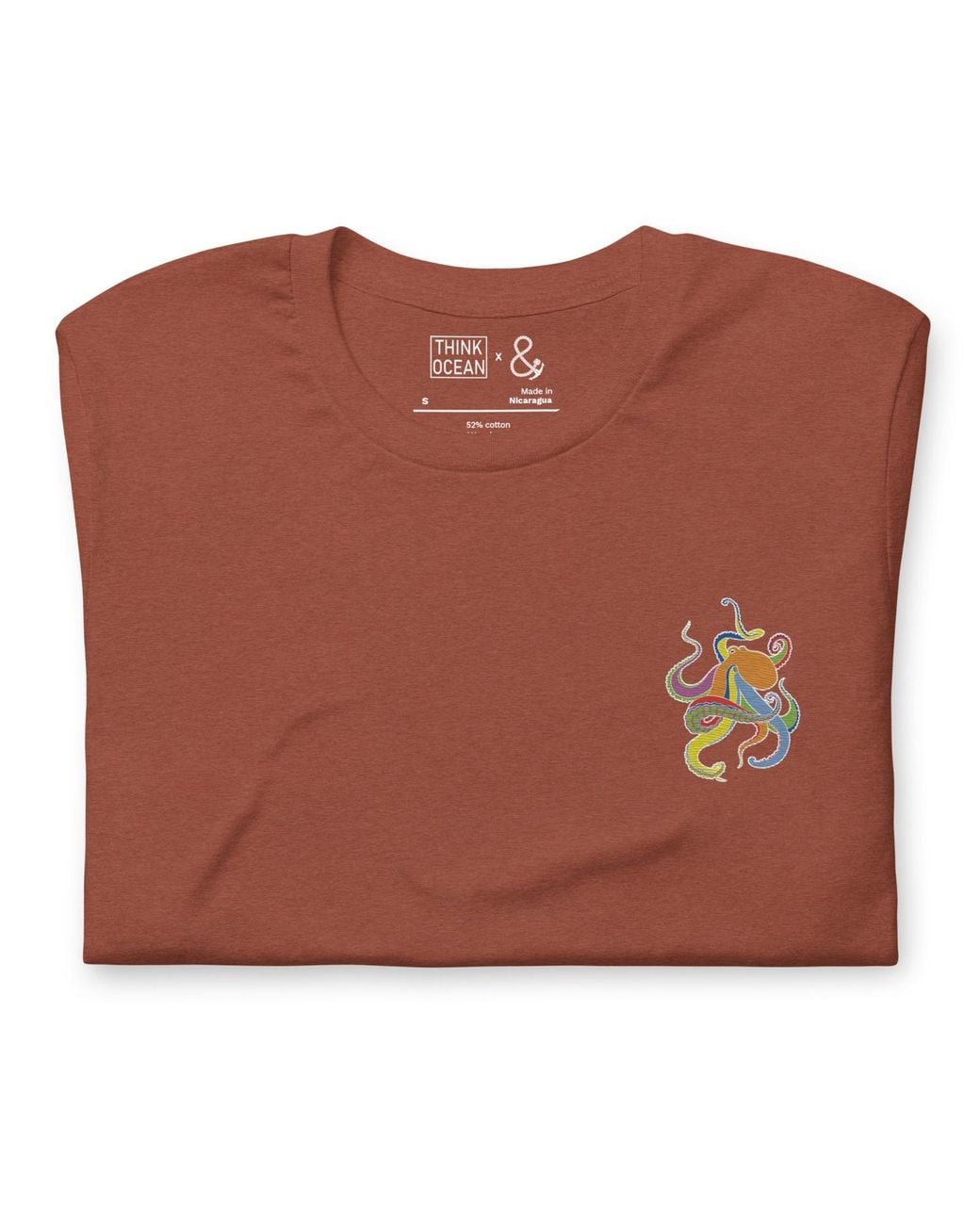 Anchor and Crew Orange Clay Think Ocean Octopus Fluorescence Cotton Embroidered T-Shirt