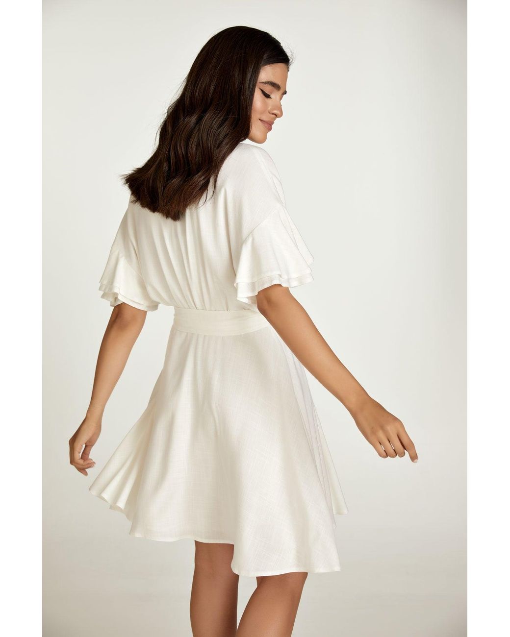 Conquista White Neutrals Ecru Dress With Ruffle Sleeves