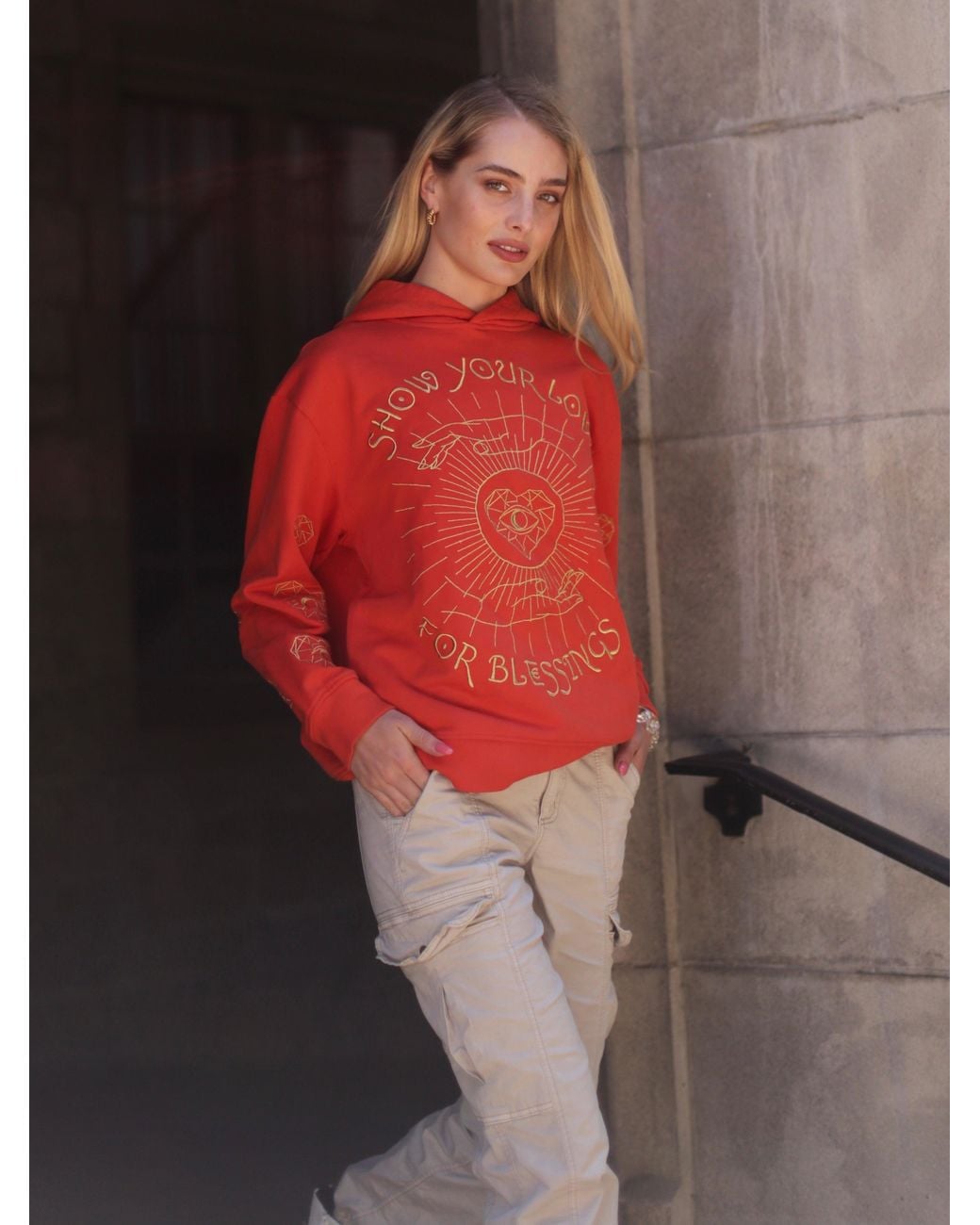 Miracles Manifester Orange Show Your Love Affirmation Embroidered Hoodie